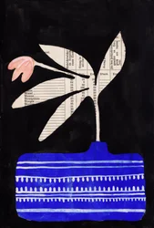 Jarrón azul, flor rosa