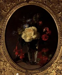 Bodegón de una rosa amarilla, mignonette y fucsias