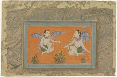 Dos hombres alados con conexiones entre la nariz y las rodillas.