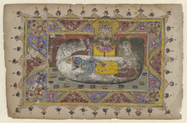 Vishnu sobre la serpiente mundial Ananta, nacimiento de Brahma