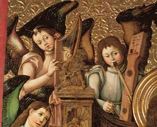 126-0035385 Panel central de un retablo dedicado a San Vicente Mártir de Zaragoza, detalle de ángeles tocando el arpa, la flauta y la guitarra, c.1466-87