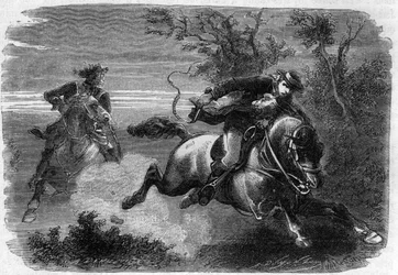 21 de junio de 1791 - Jean-Baptiste Drouet con su amigo Jean-Chrisosthome Guillaume dirigiéndose hacia Varennes para encontrar rastros del Rey Luis XVI - Grabado en “Histoire des Girondins” por Alphonse de Lamartine (1790-1869) 1865-1866. Colección privada