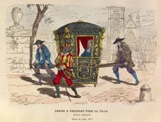 Silla de manos transportada por porteadores para uso en la ciudad bajo el rey Luis XIV en el siglo XVII - colección privada