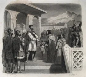 Una delegación de la ciudad de Clermont ofrece el episcopado a San Sidoine Apollinar (Caius Sollius Apollinaris Sidonius) político, obispo y escritor galo-romano (430-486). Grabado de 1846 en “Vidas de los santos”. Colección privada