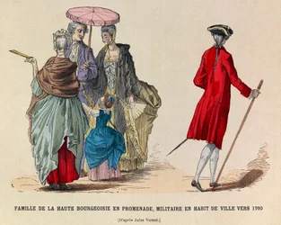 Una familia de alta burguesía paseando y un soldado en traje de ciudad en 1760 (reinado del Rey Luis XV) - colección privada