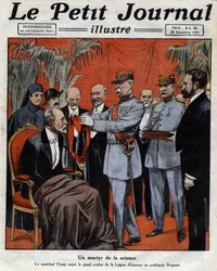 Un mártir de la ciencia: el Mariscal Philippe Pétain (1856-1951) entregó el gran cordón de la Legión de Honor al Profesor Jean-Alban Bergonié (1857-1925), médico francés especializado en cáncer. Grabado. Uno de los periódicos "Le Petit Journal illustre"