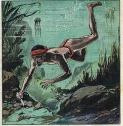 Un investigador de perlas arriesgando su vida en los mares tropicales de Ceilán y Polinesia para suministrar collares y joyas a las elegantes. Ilustración tomada de "Le Petit Journal" 11/03/1923. Colección privada