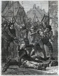 Una escena durante la Revolución francesa: Theobald de Dillon (1745-1792) y un oficial de ingenieros llamado Berthois fueron masacrados por los soldados y el pueblo de Lille, que los acusaban de traición. Grabado de 1866 en “Histoire de la Révolution