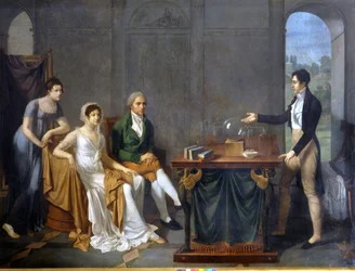 Un científico (probablemente Alessandro (Alexandre) Volta) realizando un experimento científico frente a la familia Melzi Deril. Pintura anónima