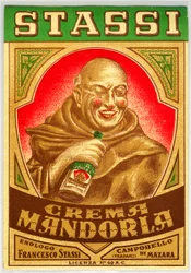 Anuncio de licor de almendra con un monje de mejillas rojas