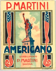 Anuncio de bebida corta italiana Americano, con bandera estadounidense y estatua de la libertad