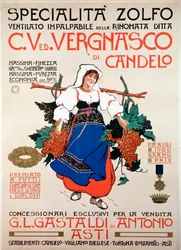 Cartel publicitario para el fungicida azufre tamizado producido por la empresa italiana Vergnasco Candelo, siglo XX