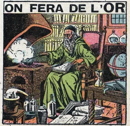 Alquimista de la Edad Media en su laboratorio buscando hacer oro. Ilustración anónima de 1925. Colección privada.