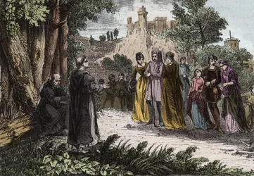 Herejía albigense - San Domingo predicando a los albigenses - Santo Domingo (Domingo de Guzmán) (1170-1221) predicando a los albigenses - Grabado de 1846 en “Lives of the saints”. Colección privada
