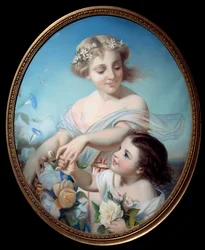 Alegoría del verano: una madre y su nieta sosteniendo ramos de flores