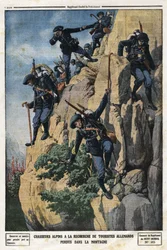 Cazadores alpinos buscando turistas alemanes perdidos. Querían ir a la montaña Nero (Casco del Nero) del macizo de Chartreuse. Grabado en 