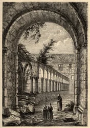Antiguo claustro del Convento de los Cordeliers o de San Francisco de Quimper (Finisterre) - grabado en “PATRIE - DESCRIPTION PICTURESQUE DE LA FRANCE EN 6 VOLUMES” de Lucien Huard - finales del siglo XIX.