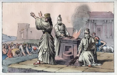 Civilización persa antigua: magos, sacerdotes oficiales y discípulos de Zaratustra - grabado de 