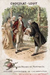 Historia anecdótica de la comida: la pesca de Montreuil. Las representadas aquí son en realidad la pesca de espaldera de Bagnolet. El Rey de Francia Luis XV viene con su corte a comer los melocotones cultivados por Monsieur Edmee de Girardot. Cromolitograf