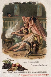 Historia anecdótica de la comida: bebidas espirituosas (bebidas fermentadas). Sansón, bajo la influencia de los licores de Dalila, se deja cortar el cabello y pierde su fuerza. Cromolitografía de Chocolate-Louit, finales del siglo XIX. Colección privada.