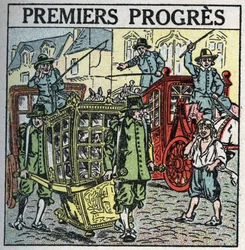 Tracción animal: una silla de transporte interrumpiendo el tráfico. Ilustración anónima de 1925. Colección privada.