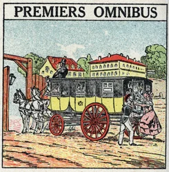 Tracción animal: primer ómnibus aparecido en Francia bajo Carlos X (1824-1830). Ilustración anónima de 1925. Colección privada.