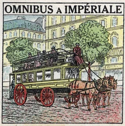 Tracción animal: ómnibus a imperial en el siglo XIX. Ilustración anónima de 1925. Colección privada.