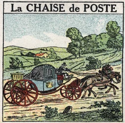 Tracción animal: la silla de posta. Ilustración anónima de 1925. Colección privada.