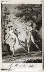 Apolo y Dafne. La ninfa Dafne se convierte en laurel para escapar de Apolo. Grabado de 1819 en “Cartas a Emilie sobre la mitología” por Charles Albert Demoustier (1760-1801). Colección privada.