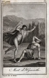 Apolo y Jacinto. Grabado de 1819 en “Lettres a Emilie sur la mythologie” de Charles Albert Demoustier (1760-1801). Colección privada.