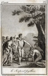Apolo y la serpiente Pitón en el Monte Parnaso. Grabado de 1819 en "Lettres a Emilie sur la mythologie" por Charles Albert Demoustier (1760-1801). Colección privada.