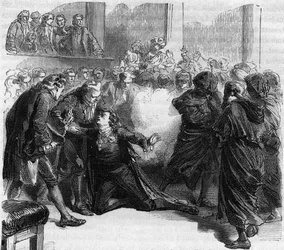 Asesinato de Gustavo III de Suecia - Asesinato de Gustavo (Gustave) III (1746-1792) Rey de Suecia, durante el Baile de Máscaras de la Ópera Real de Estocolmo por Jacob Johan Ankarstrom - Grabado en “Histoire des Girondins” de Alphonse de Lamartine (1790-
