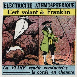 Electricidad atmosférica: la cometa de Benjamin Franklin en el verano de 1752. Ilustración anónima de 1925. Colección privada.