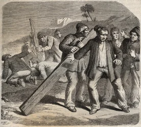 Intento de escape en el Fuerte de Belle-Ile-en-Mer en el siglo XIX. Grabado en “Histoire des bagnes depuis leur création à nos jours” (1877) de Pierre Zaccone (1817-1895). Colección privada.