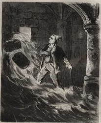Intento de escape del Bagne de Toulon en el siglo XIX. Grabado en “Histoire des bagnes depuis leur creación à nos jours” (1877) de Pierre Zaccone (1817-1895). Colección privada.