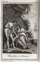 Baco y Ariadna. Grabado de 1819 en “Cartas a Emilie sobre la mitología” de Charles Albert Demoustier (1760-1801). Colección privada.