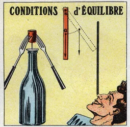 Balance de sólidos: condiciones de equilibrio. Experiencia con una botella, un tapón y dos tenedores. Ilustración anónima de 1925. Colección privada.