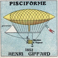 Globos: envoltura pisciforme por Henri Giffard (1825-1882) en 1852. Ilustración anónima de 1925. Colección privada.