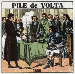 Baterías y acumuladores: Alessandro Volta (1745-1827) presentó en 1801 al cónsul Napoleón Bonaparte (1769-1821) en el Institut national de France los resultados de sus experimentos que le permitieron inventar la batería eléctrica. Ilustración anónima de 19