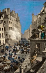 Batalla en la barricada de la Rue Saint Antoine en 1830, Grabado, Colección privada