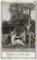 Nacimiento de Baco, hijo de Júpiter y Semele. Grabado de 1819 en “Lettres a Emilie sur la mythologie” de Charles Albert Demoustier (1760-1801). Colección privada.