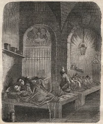 El bagne de Brest de noche. Grabado en “Histoire des bagnes depuis leur creación à nos jours” (1877) por Pierre Zaccone (1817-1895). Colección privada.