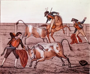 Escena de caza de toros (tauromaquia) Siglo XVIII Acuarela Colección privada