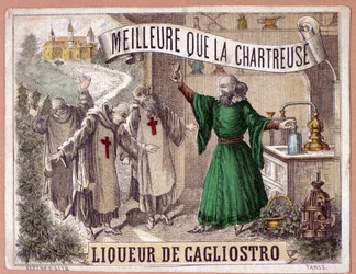 Licor Cagliostro hecho de la destilación de hierbas aromáticas por monjes. Cromolitografía del siglo XIX