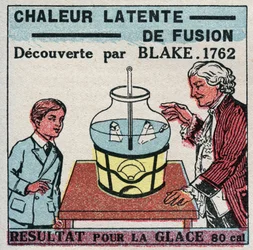 Calorimetría: el calor latente de fusión descubierto por Joseph Black (1728-1799) en 1761-1762. Resultado para el hielo. Ilustración anónima de 1925. Colección privada