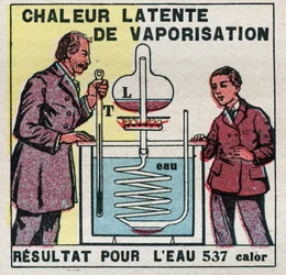 Calorimetría: el calor latente de vaporización medido por el calorímetro de Marcellin Berthelot (1827-1907). Ilustración anónima de 1925. Colección privada.