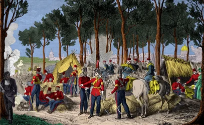 Campamento de tropas rusas e inglesas en los Campos Elíseos en París en julio de 1815 después de la derrota de Napoleón I