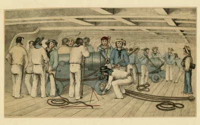 Artilleros navales británicos en la cubierta de armas