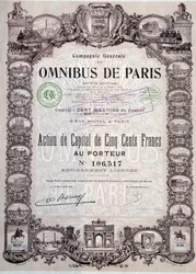 Acción de capital de 500 francos en el ómnibus de París, siglo XX Colección de acciones
