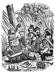 La tripulación del capitán Bartholomew Roberts descansando cerca del río Old Calabar, finales del siglo XVII. Grabado de “The pirate own book” 1837